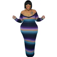 5XL Plus Size Women Maxi Dress Sexy Deep V Neck Off Shoulder Robes Autumn Striped Print Knitted Ribbed Casual Long Dress Vestido