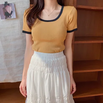 

2020 New Summer T-shirt Women Slim-fit Low Collar Round Neck Short-sleeved Contrasting Sweater Bts Free Shipping