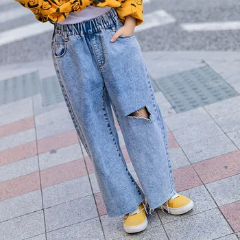 

4 to 16 years fashion 2020 New Style Spring Girls pants children Loose Straight Casual pants teen girls Wide-Leg Jeans, #8562