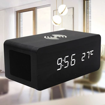 

Wooden Alarm Clock with Bluetooth Speaker Voice Control LED Digital Clock Wireless Charging Phone Wood Temperature Table Clocks
