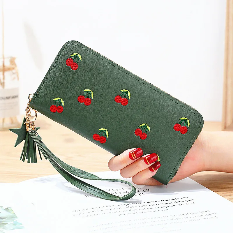 Модный женский кошелек с кисточками, длинный кожаный Вишневый женский кошелек, вышитый клатч на молнии, кошелек для карт, Porte Feuille Femme - Цвет: Green