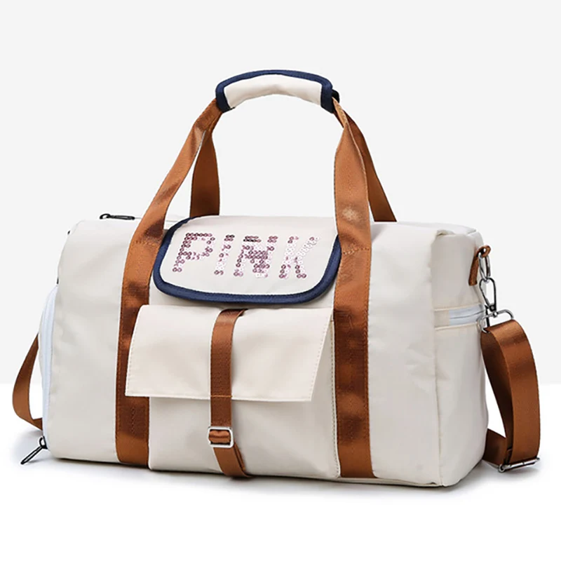 Для женщин однотонные Цвет Oxford Тканевые для путешествий с сумочкой в тон розового цвета и блестящим буквенным для сухой и влажной уборки отдельные сумка на одно плечо, сумка на выходные сумки - Цвет: White