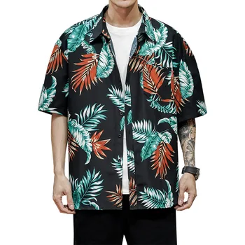 

Hawaiian Shirts Men Breathable Leaf Print Short Sleeve Beach Shirt Camisa Masculina Plus Size 5XL Streetwear Summer Casual Shirt