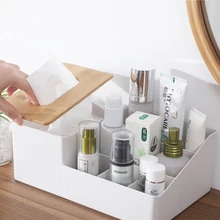 

1 Pcs Multifunctional Tissue Box With Bamboo Wood Lid Desk Organizer Makeup Storage Box Sundries Container For Home