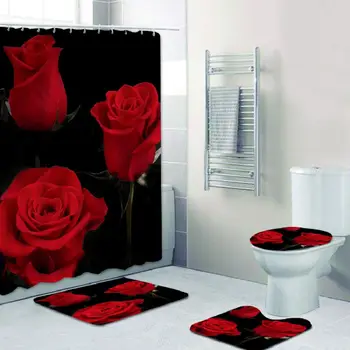 

4pcs/set 3D Digital Valentine's Day Romantic Style Printing Shower Curtain Carpet Floor Mat Combination Bathroom Toilet Mat·