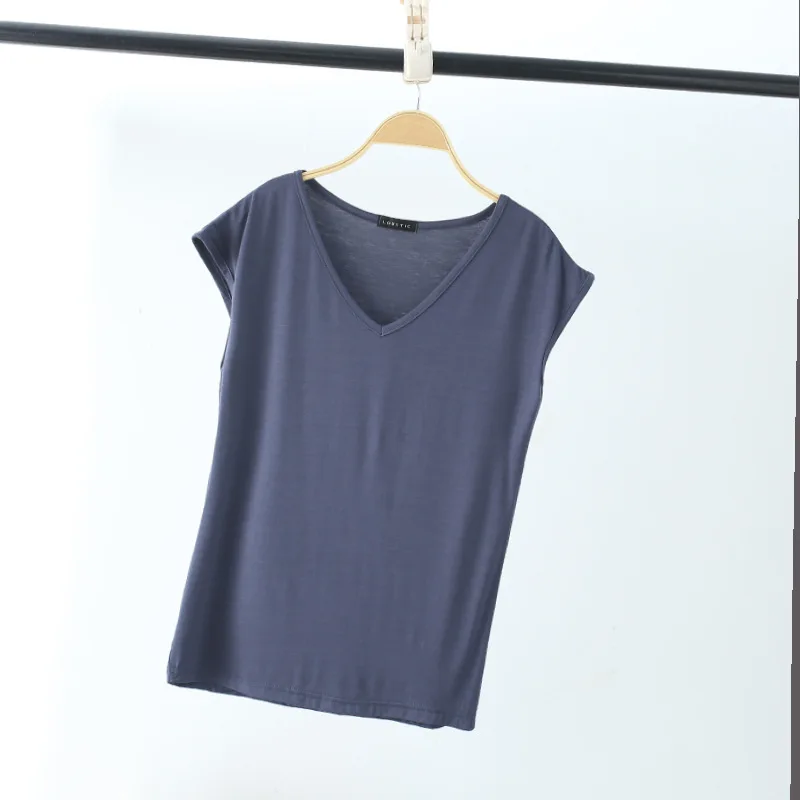 Solid V Neck Basic Tshirt Women summer modal Loose Tee Tops Casual undershirt M to 2XL235_voghion.com