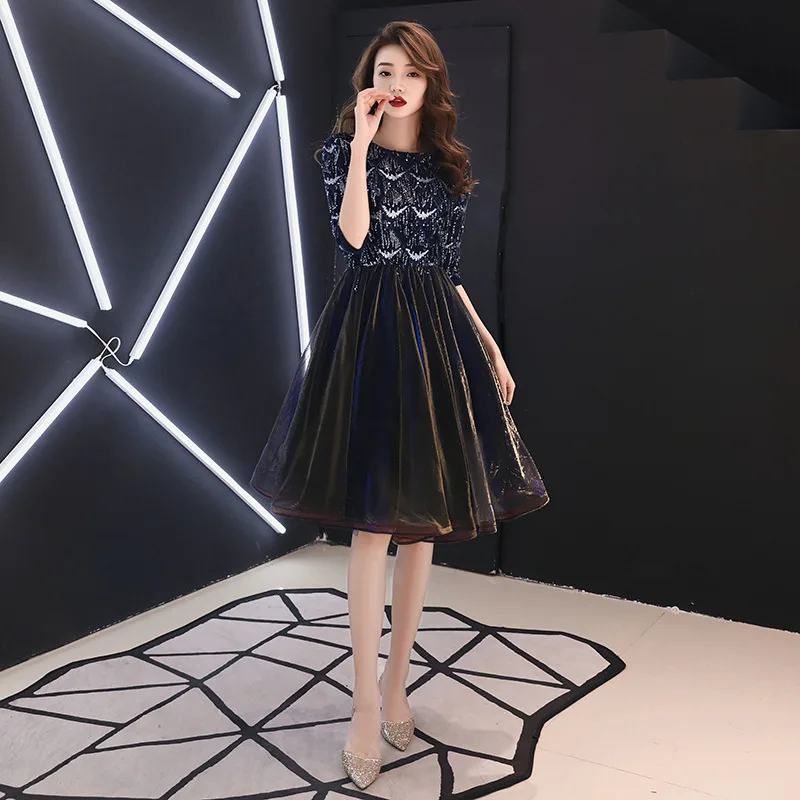 Skyyue Black Cocktail Dress Half Sleeve Plus Size Lace Robe Cocktail Gown High Collar A-Line Sequined Cocktail Dress E389 - Цвет: navy o-neck