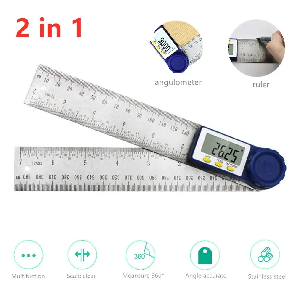2 in 1 Digital Angle Meter with LCD Screen Measurement Finder Ruler Stainless Steel 360 ° Educational Tool for Carpentry Student