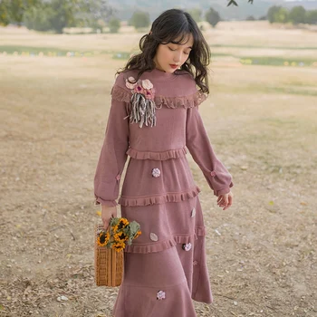 

SexeMara fashion Spring and autumn The New Retro Lace Three-dimensional flower Long sleeve dress Free shipping