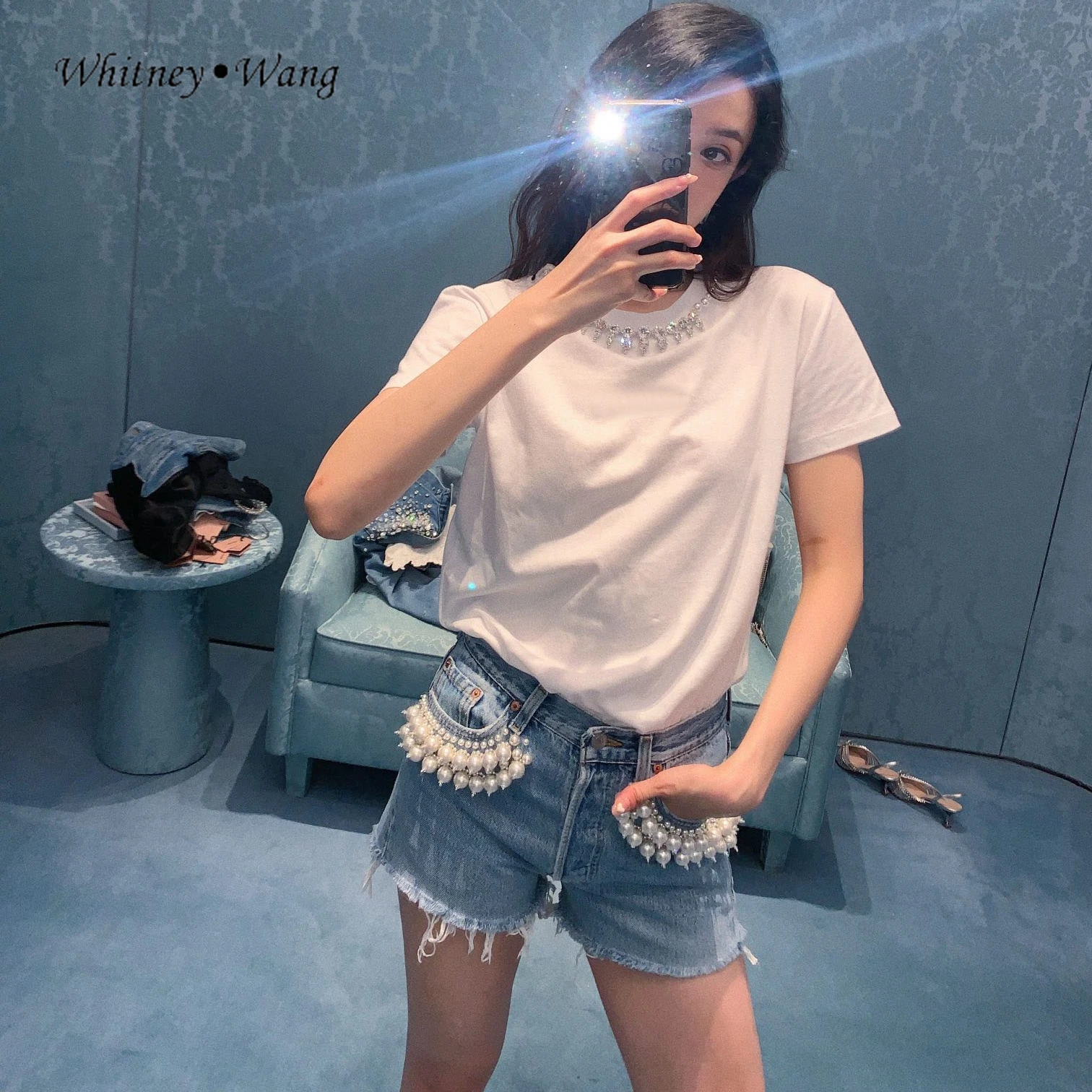 WHITNEY WANG 2021 Summer Fashion Streetwear Handmade Pearls Beading Jeans Shorts Women Denim Pants Plus Size 5XL