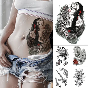 

Waterproof Temporary Tattoo Stickers Nun Cross Snake Rose Peony Flower Flash Tattoos Female Cool Girl Body Art Fake Tatoo Male