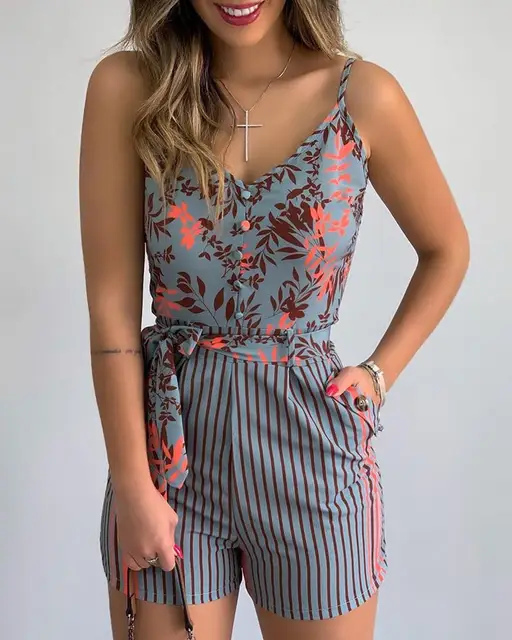 New Female Fashion Playsuits Ladies Floral Print Deep V-Neck Sleeveless Romper with Waist Belt