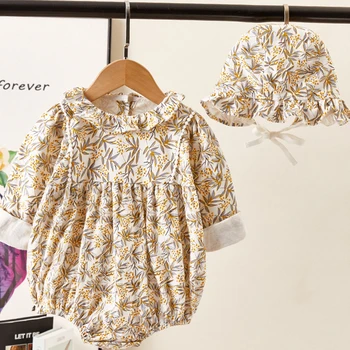 

2020 New Korean Style Autumn Baby Girls Lovely Princess Long-Sleeve Jumpsuit Hat Baby Girls Cotton One-Piece Clothes
