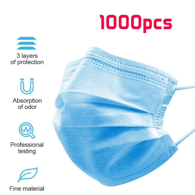 

Face Mask 1000 PCS Stock Mouth Mask Disposable Masks Protect 3 Layers Dustproof Earloop Non Woven Protective Masks Filter