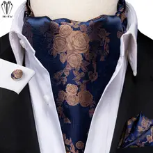 Hi-Tie Luxury Silk Mens Ascot Hanky Cufflinks Set Blue Navy Brown Flower Vest Dress Cravat Tie Ascots Self Vintage Jacquard Gift