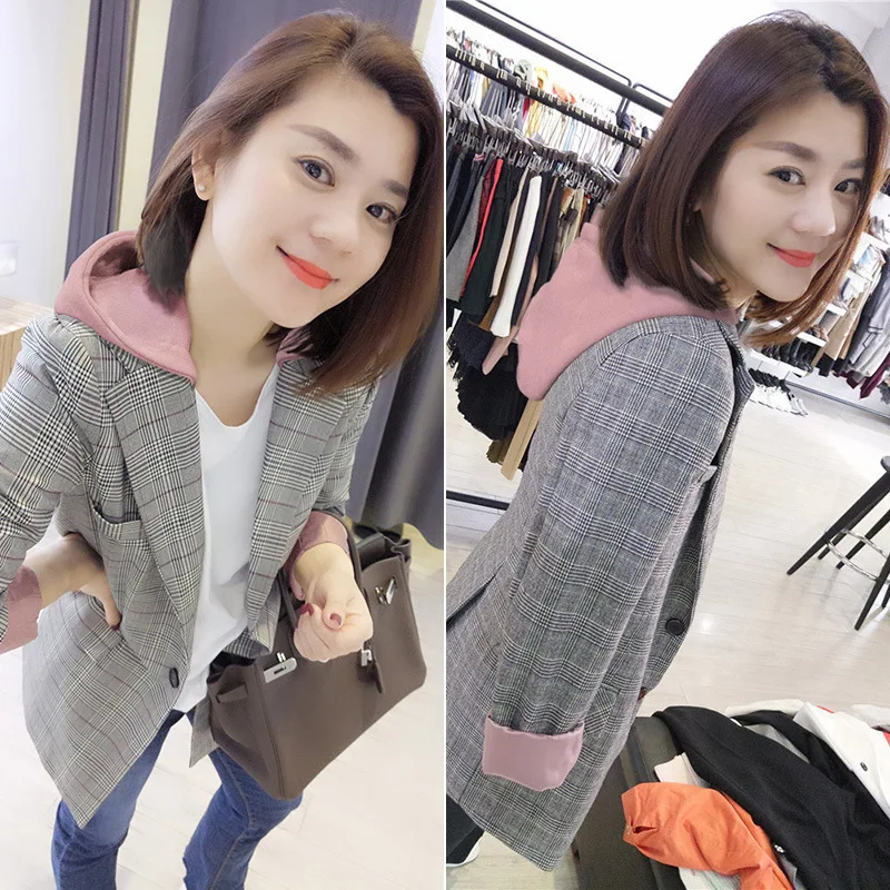 

BOBOWALTZ Ozhouzhan 2019 Autumn Clothing New Style European Goods Casual Mixed Colors Hooded Plaid Small Suit Cropped Jacket