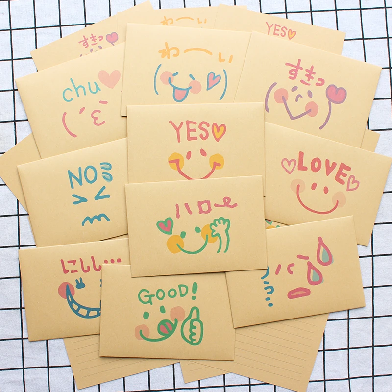 Kawaii Brown Kids Painting Letter Envelope Set Creative Cute Cartoon Face Kraft Paper Color Invitation Message Stationery Gift 5