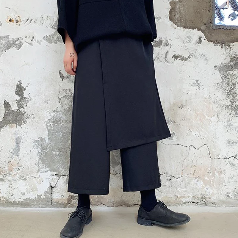 Men's pants spring/summer loose wide-leg pants slacks culottes for men fake two pieces of nine-minute pants plus size