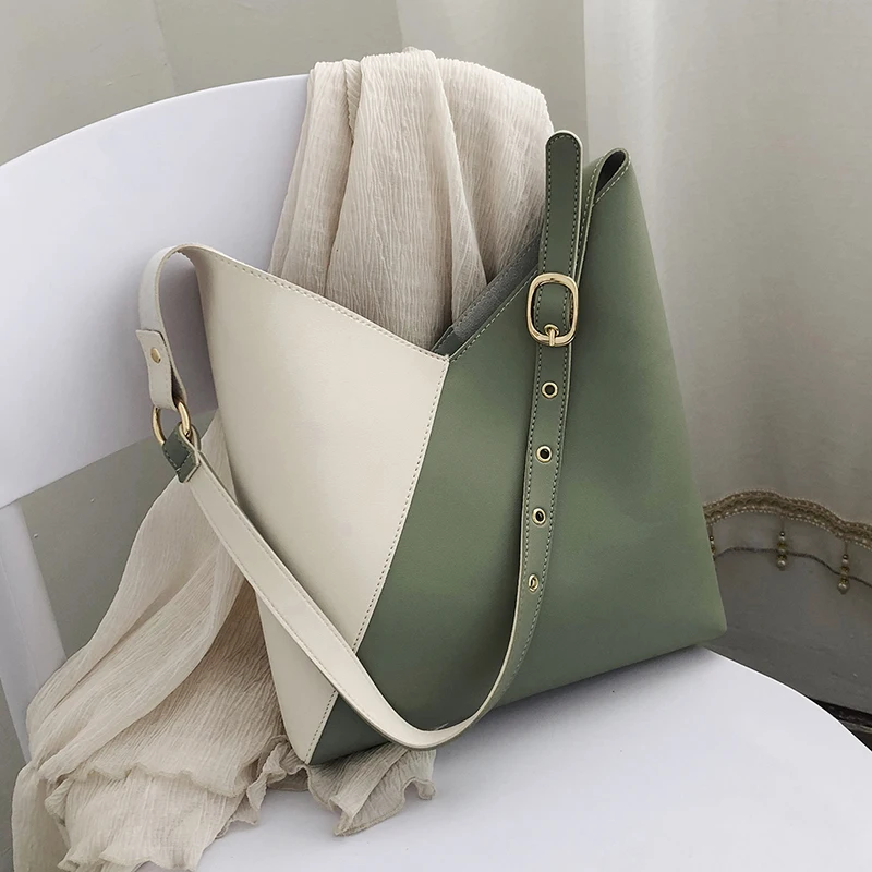 

Pu Leather Bucket Bag With Stitching Contrast Color Female Ladies Summer Shoulder Bag Messenger Bag Ladies Travel Bag Ladies