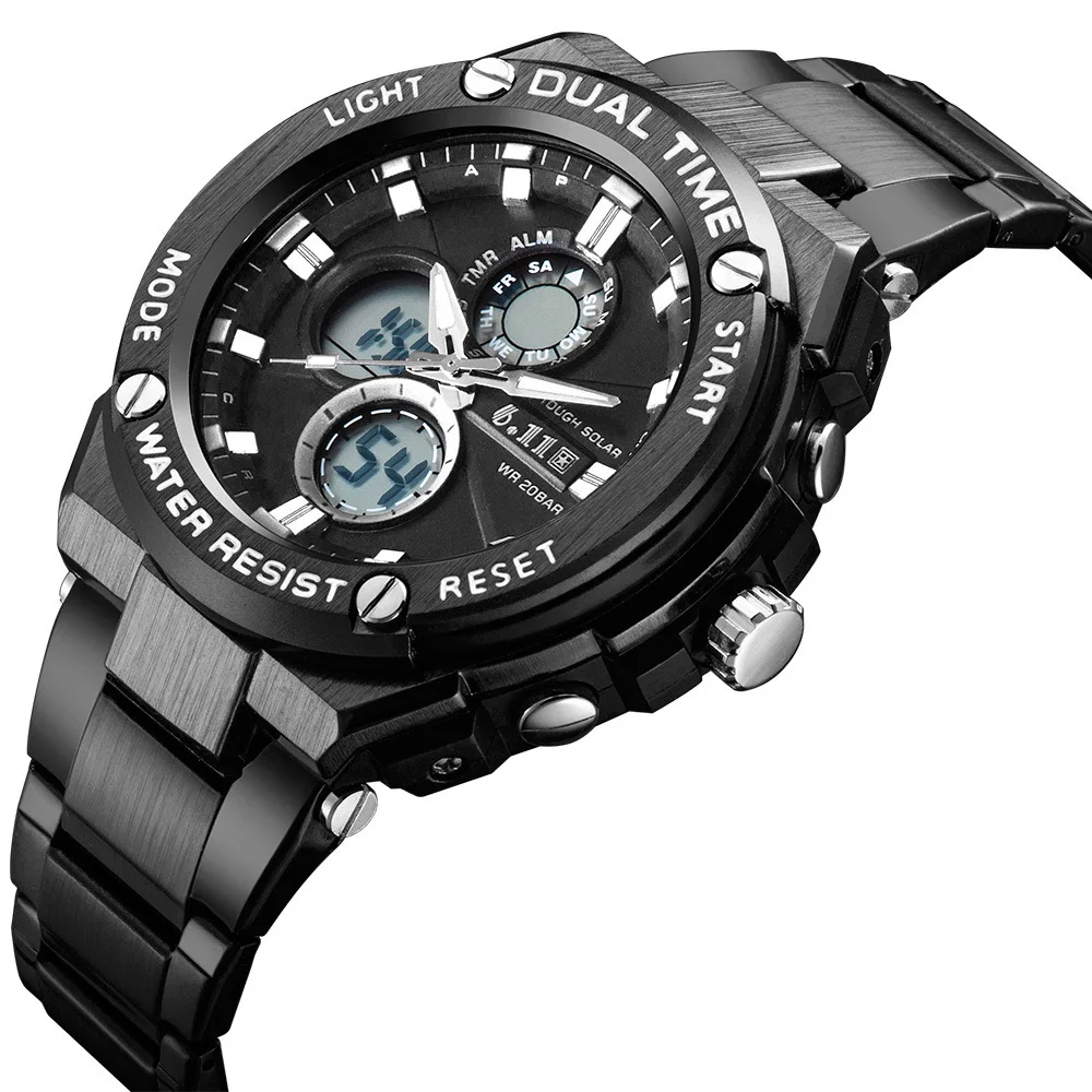 

611 Date Seconds Waterproof Night Light Dual Display 819 Steel Watch