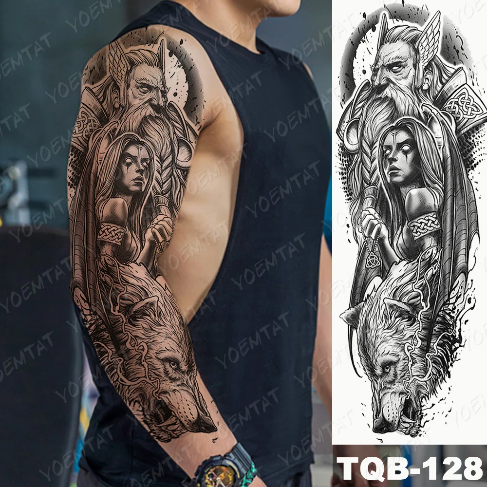 Large Arm Sleeve Tattoo Bear Skull Waterproof Temporary Tatto Sticker God Zeus Poseidon Body Art Full Fake Tatoo Women Men