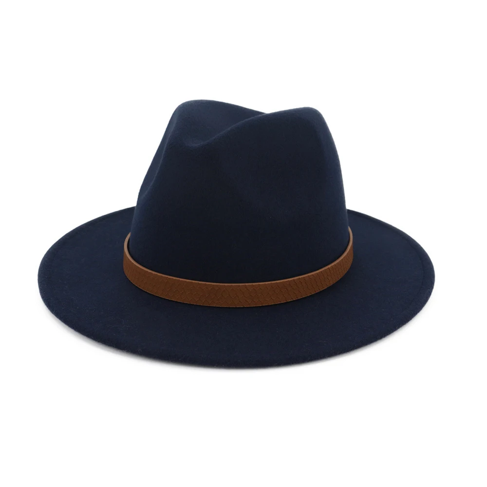 Dark Blue Новая мужская женская шерстяная шляпа Fedora с поясом с широкими полями чародейная шляпа Панама джазовая, шляпа шляпка для церкви размер 56-58 см - Цвет: Dark Blue