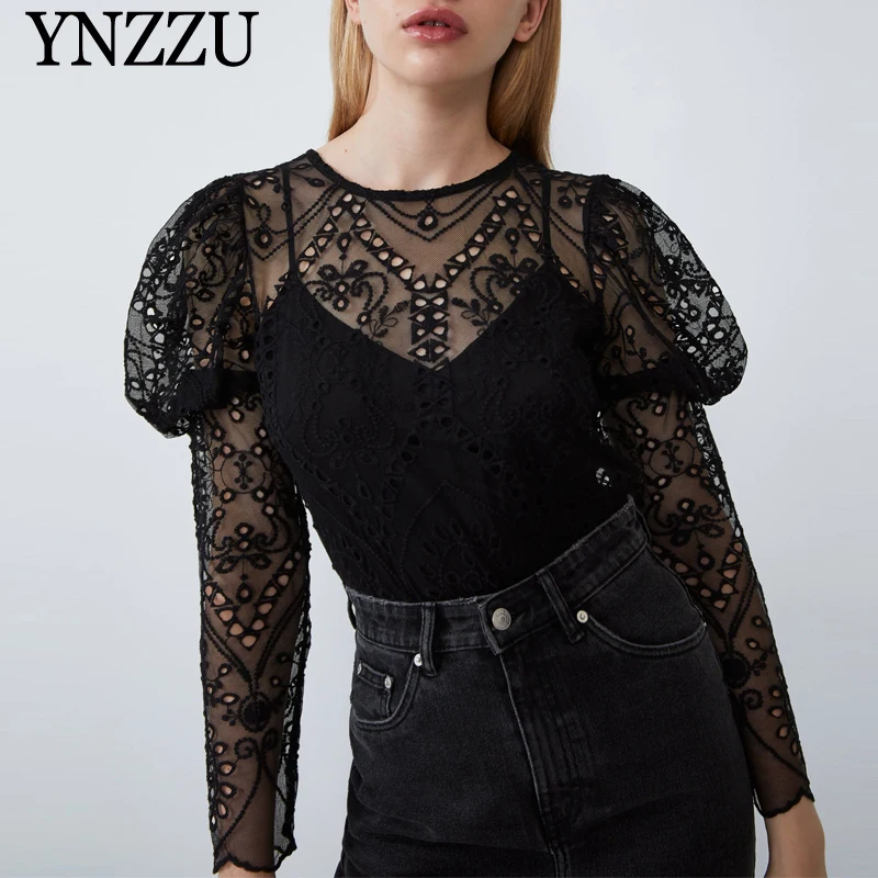 

Elegant Black Women Lace blouse With Puff sleeve 2020 Spring Summer Fashion Sexy Hollow out Female Tops Club Party YNZZU YT876