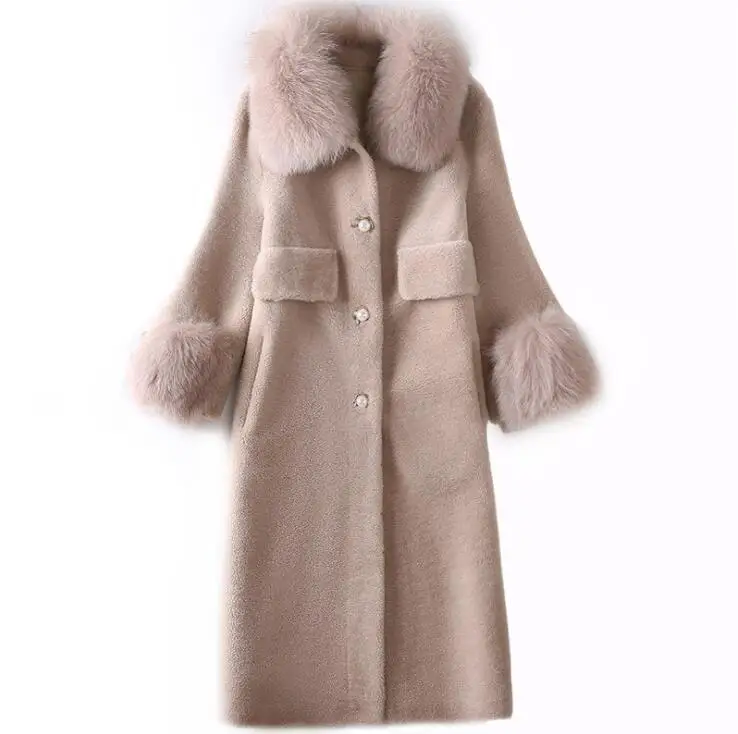 Пальто из натурального овечьего меха, двухстороннее меховое зимнее пальто для женщин, Воротник из натурального Лисьего меха, длинная куртка, теплое пальто - Цвет: Бежевый