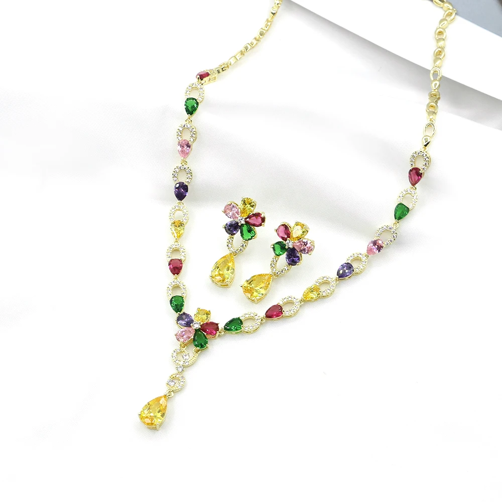 

Colorful Water Drops Flower Earrings Necklace Set Crystal Stitching Women's Fashion Earrings Necklace Set Banquet Engagement