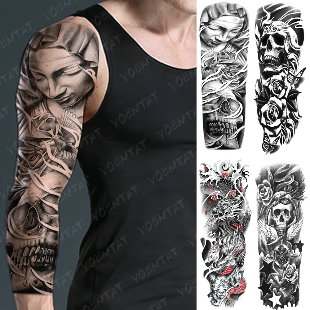 Large Arm Sleeve Tattoo Rose Angel Waterproof Temporary Tatto Sticker Skull Wings Star Body Art Full Fake Tatoo Women Men | Красота и