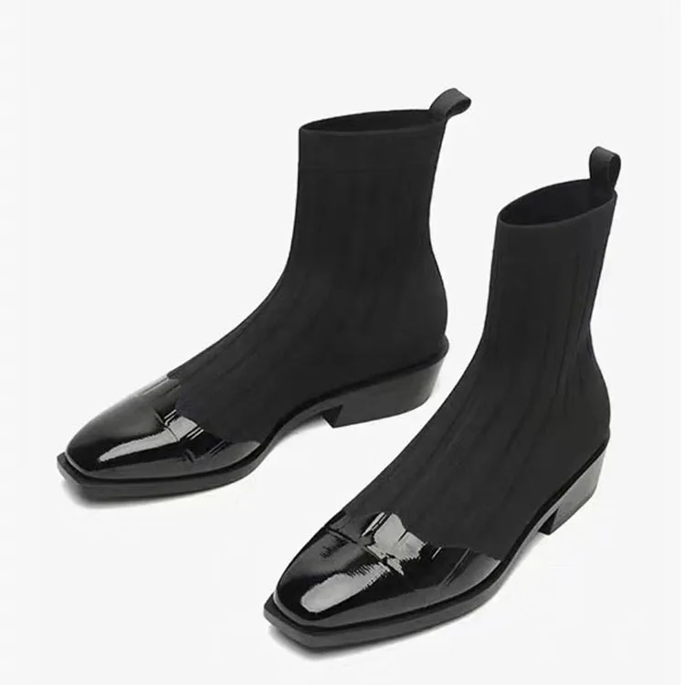 

2019 Europe And America Fashion Autumn And Winter New Style Short Boots Material Joint Square Head Low Bounce Socks Boots WOMEN'