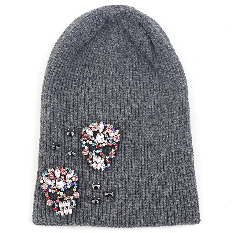 Multicolor dark gray Женская мода, кашемировая шапочка с черепом, стразы, аксессуары, Осень-зима, теплая шапка, взрослые шапочки, шапка с черепом - Цвет: Multicolor dark gray