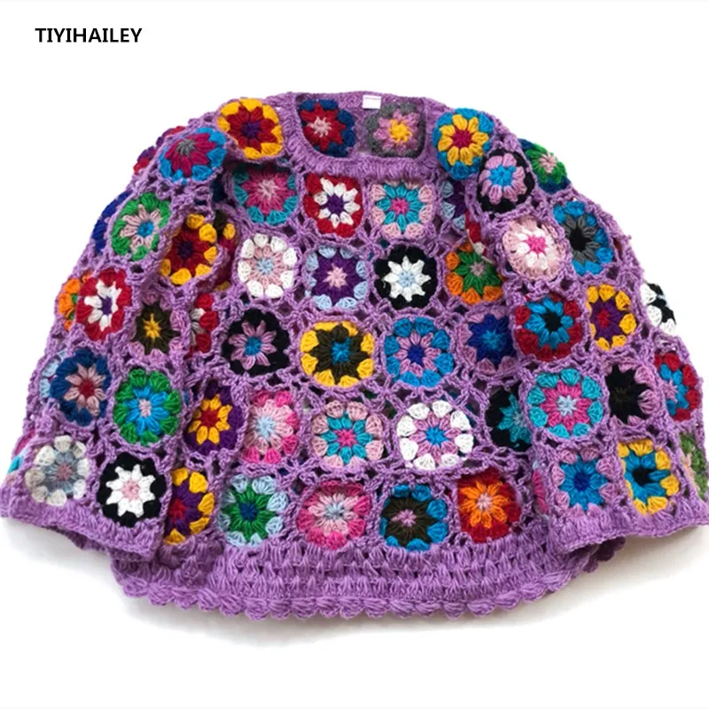 US $64.35 Tiyihailey 2020 New Fashion 100 Wool Wrist Sleeve Spring And Autumn Short Sweaters Colorful Tops Hand Knitted