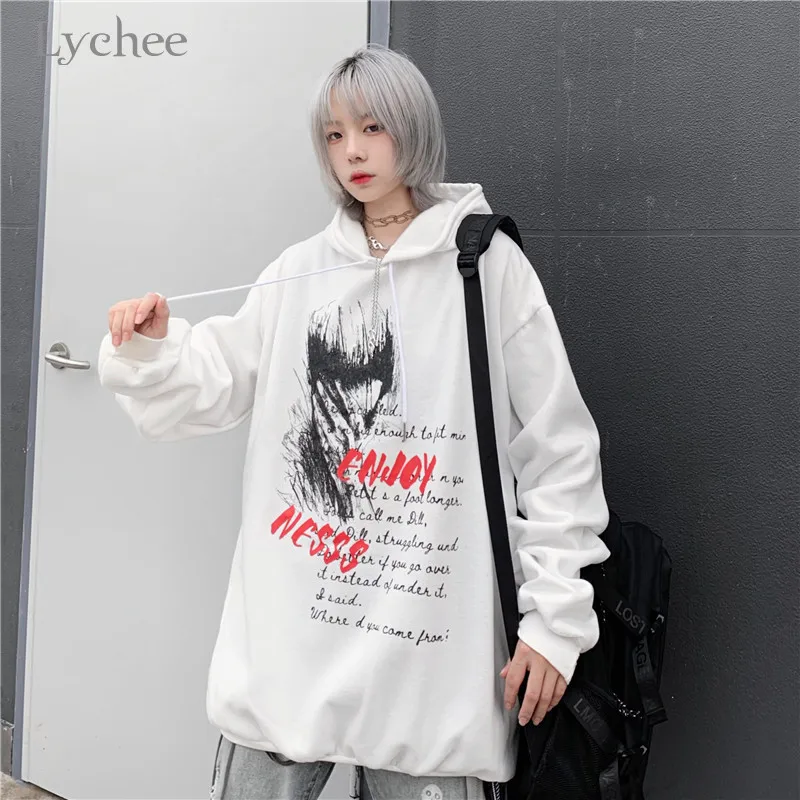 Lychee Женские флисовые толстовки с капюшоном в стиле Харадзюку с темными буквами, повседневные свободные женские толстовки с капюшоном, Пуловеры на весну, осень и зиму, женские топы