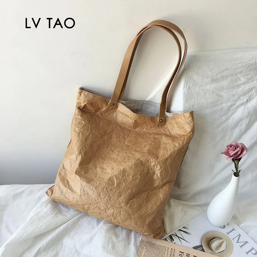 DuPont Paper Tote Bag Single Shoulder Handbag Elegant Washable TYVEK Kraft Paper Shopping Bag With Cotton Linen Lining