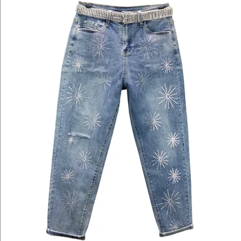 

heavy work 2020 spring fashion diamond hole jeans women high waist loose hot drilling cross trousers plus size