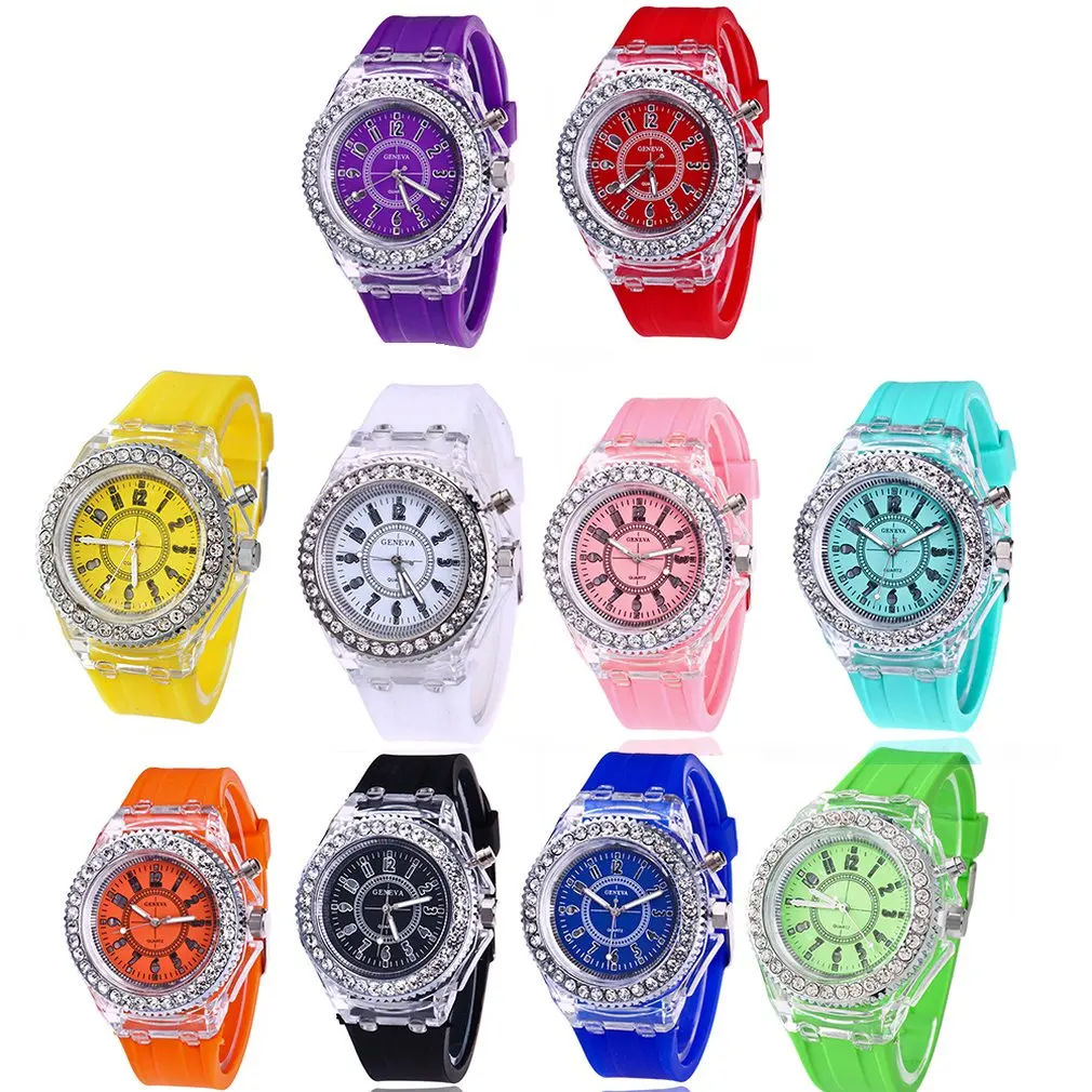 Спортивные женские наручные часы с резиновой лентой для девушек, конфетные часы, пара желе со стразами, светодиодный ночник, кварцевые часы, цветной ремешок
