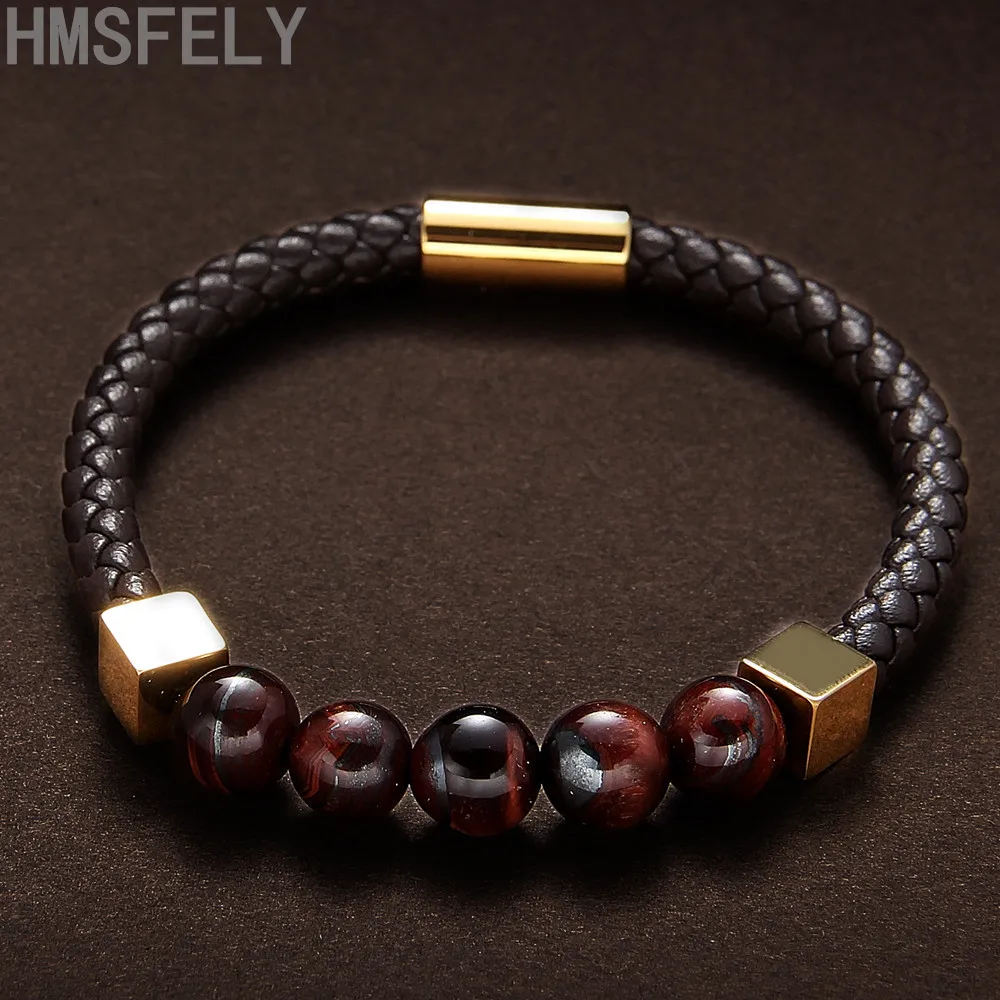 HMSFELY Fashion Men Real Leather Rope Stone Beaded Black Brown Bracelets Stainless Steel Gold Beads Magnetic Bracelet For Men