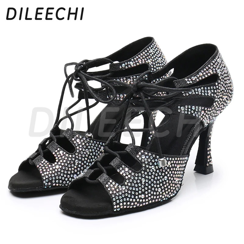 DILEECHI туфли для латинских танцев; черные стразы; блестящие женские туфли для бальных танцев; вечерние туфли для сальсы; регулировка ширины