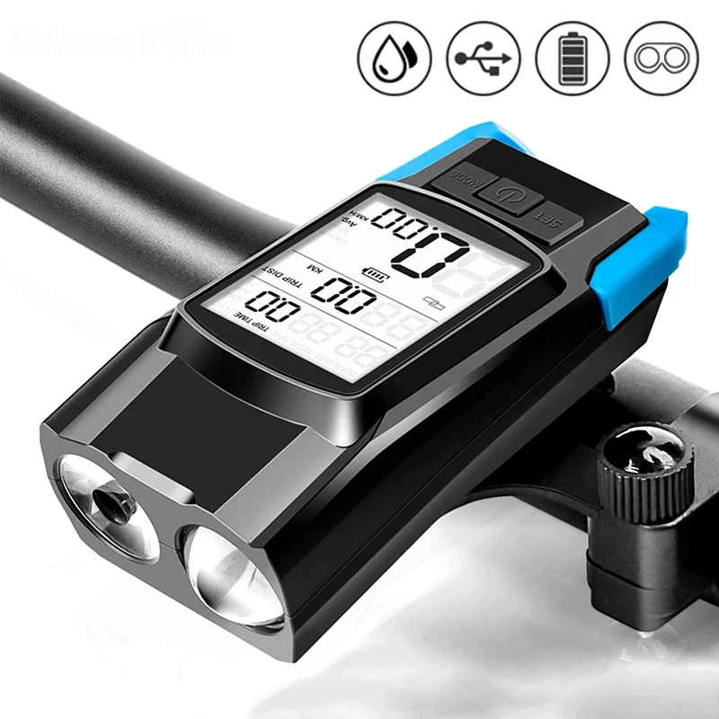BIKIGHT 3-in-1 Bicycle Speedometer Wireless USB Rechargeable Double T6 LED Light Bike Computer with Alarm Horn