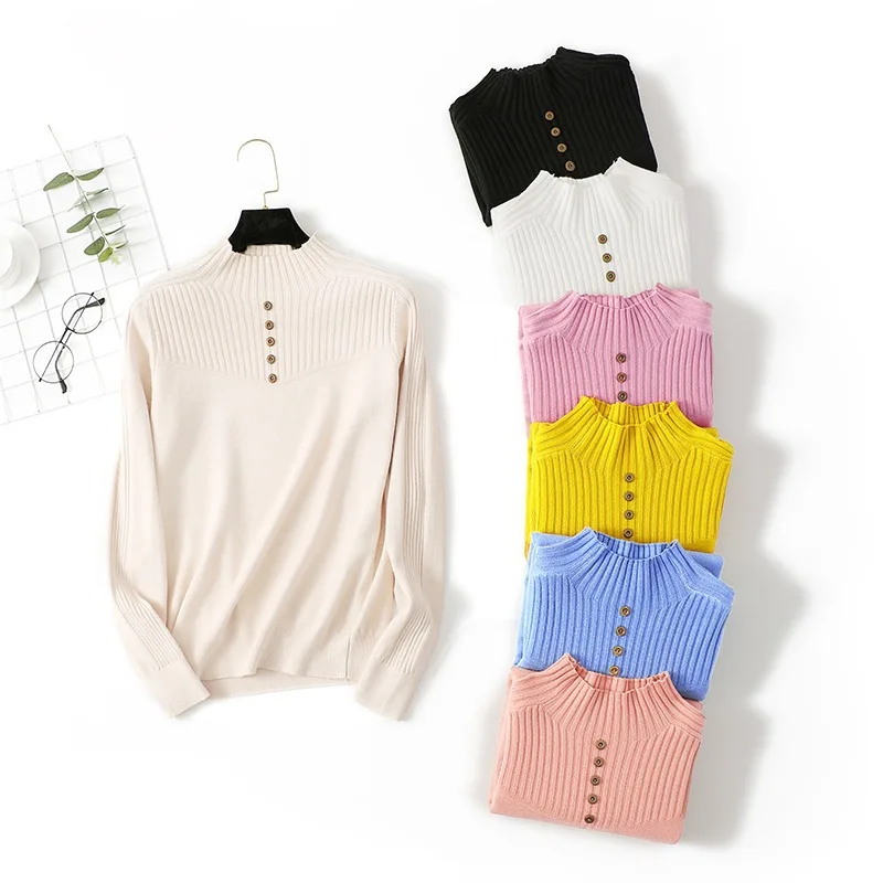 

Womens Sweaters 2019 New Fashion Button Turtleneck Sweater Women Soft Knitted Ladies Sweater Winter Tops Pullover Jumpers Ladies