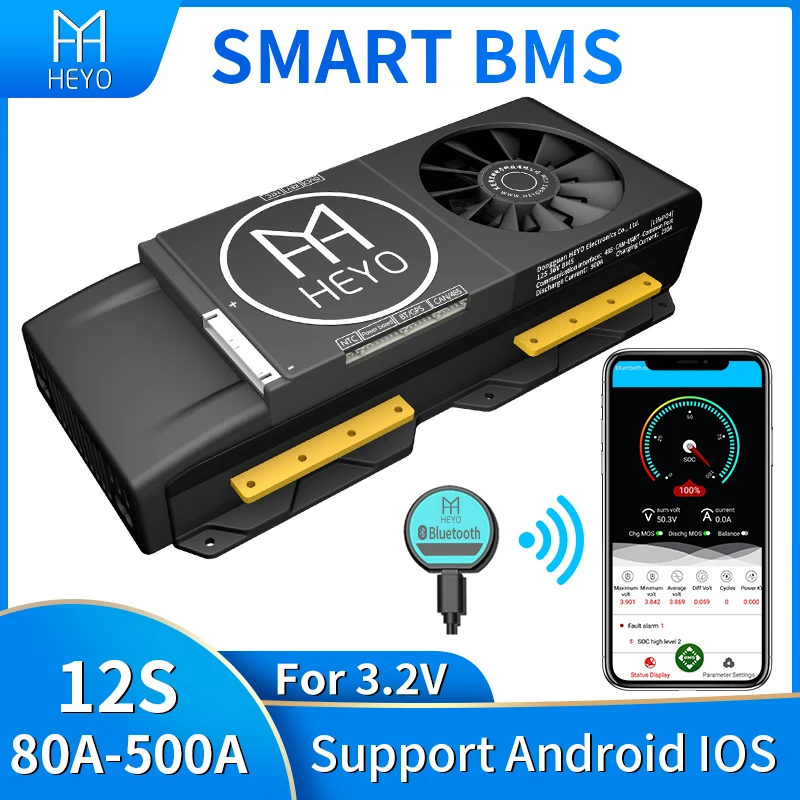 HEYO Smart BMS LiFepo4 LiPo 12S 36V 80A 100A 120A 150A 200A 250A 500A Bluetooth GPS UART RS485 NTC батарея с вентилятором e