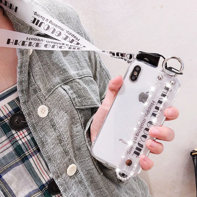 

Diamond Bling Stand Case For iPhone 6 6s X Fashion Letter Wrist Strap Lanyard Clear TPU Soft Cover For iPhone 7 8 Plus Xs Max