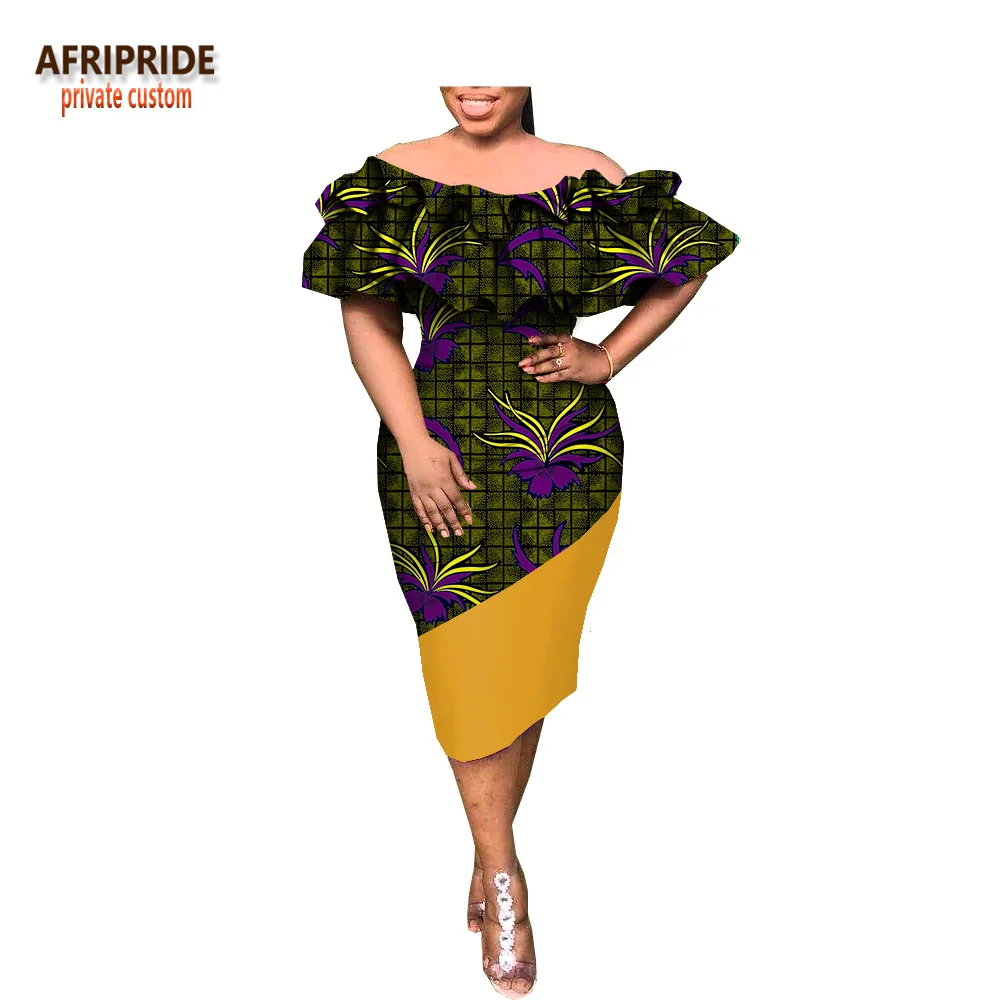 Весеннее платье для женщин AFRIPRIDE customzied с оборками рукавом slash шеи длиной до колена карандаш женское повседневное Хлопковое платье A1825020 - Цвет: 548-9