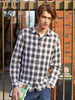 

Semir Shirt men long sleeve spring and autumn lapel cotton shirt students Korean version plaid shirt inch men 2019 new