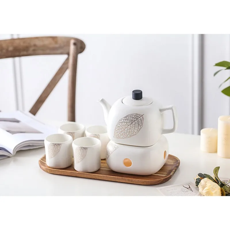  Home Office Tea Service Set Ceramic Teapot Holder Base Four Tea Pot Cups With Wooden Tray Home Kitc - 4000561881215