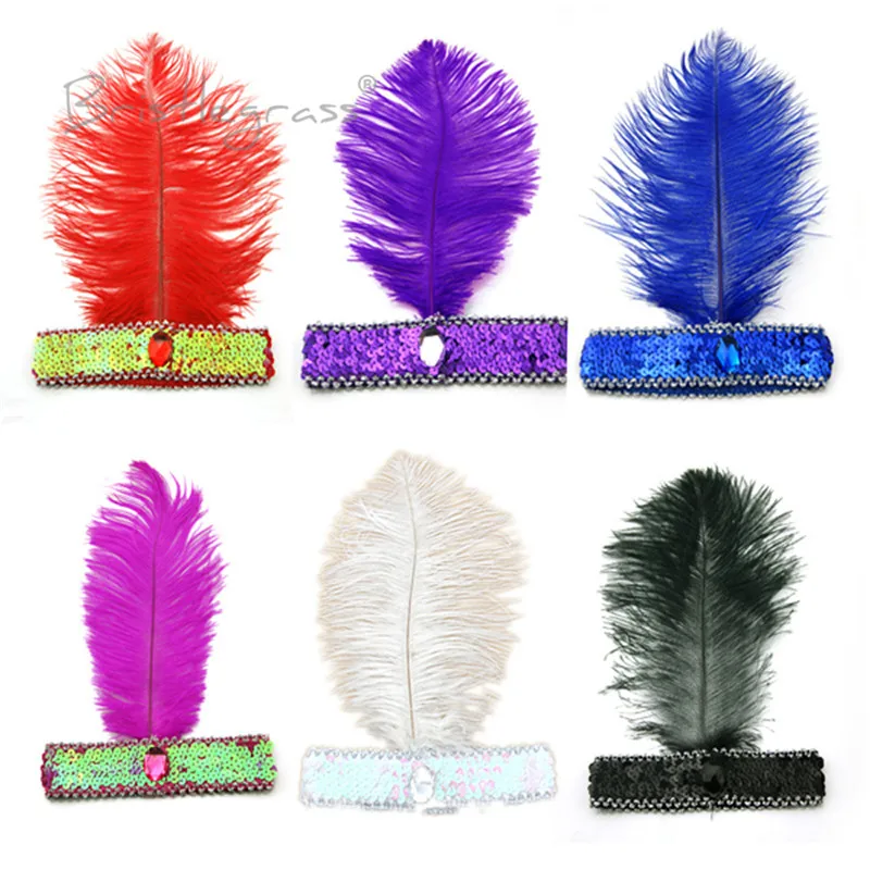BRISTLEGRASS 1PCS 1920s Ostrich Feather Sequined Headbands Flapper Headpiece Headwear Carnival Ball Party Show Gril Fancy Dress |