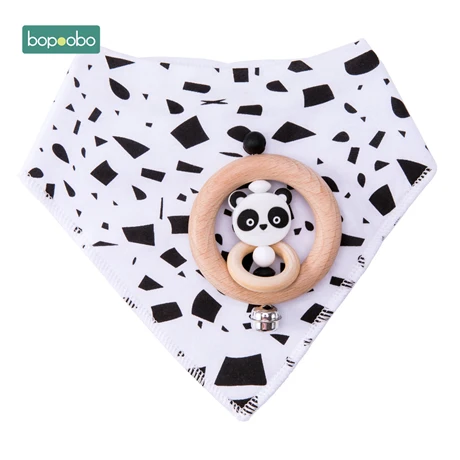 Panda set Bopoobo детская погремушка из бука, деревянные Прорезыватели для зубов Прорезыватель для зубов из пищевого силикона, деревянный мини-детский хлопковый слюнявчик, набор для кормления, Товары для малышей - Цвет: Panda set
