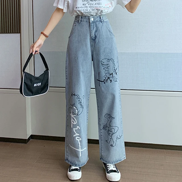 Autumn Design Denim Jeans Women Print Cartoon Loose Jean Pants Blue High  Waisted Jeans Korean Fashion Pants New - AliExpress