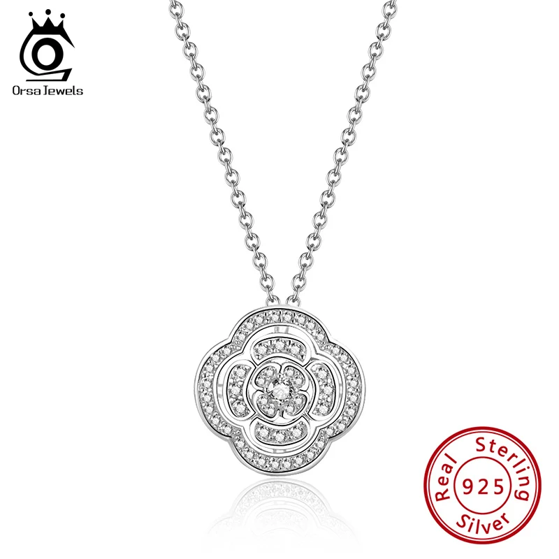 ORSA JEWELS 925 серебряный клевер кулон ожерелье 45 см цепочка цветок камелии для женщины подарок на день рождения